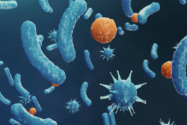 istock 3D illustration Virus backgorund. Viruses influenza, hepatitis, AIDS, E. coli, colon bacillus. Concept of science and medicine, reducing immunity, Cell infected organism 1041164738
