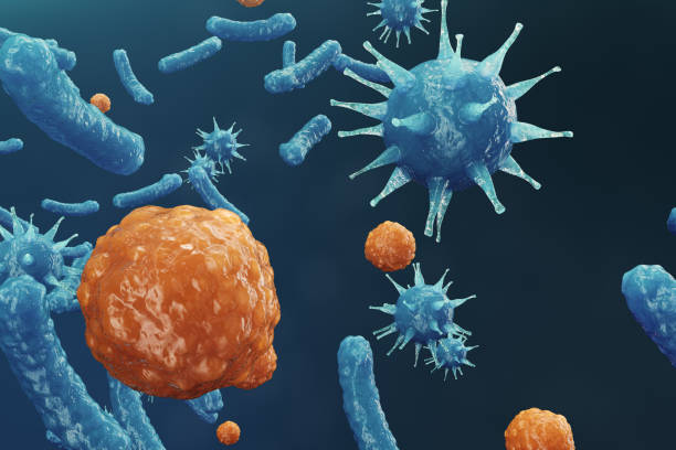 istock 3D illustration Virus backgorund. Viruses influenza, hepatitis, AIDS, E. coli, colon bacillus. Concept of science and medicine, reducing immunity, Cell infected organism 1041164770
