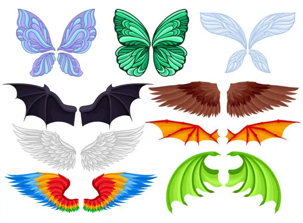 Vector illustration of Flat vector set of colorful wings of different creatures butterfly, fairy, bat, bird, angel and dragons. Elements of masquerade costumes