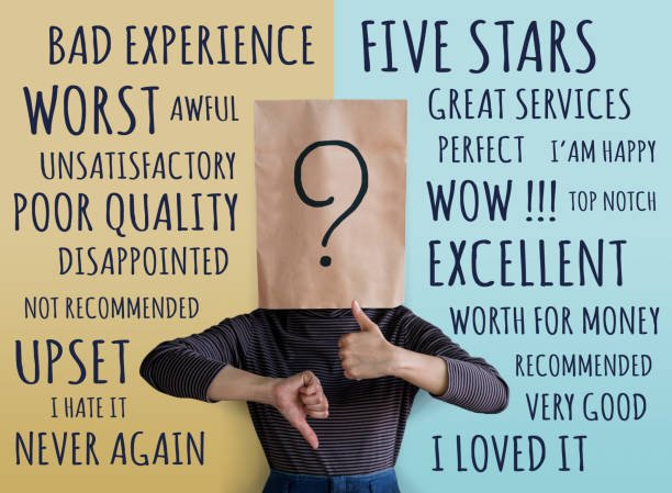 istock Customer Experience Concept. Client Woman with Question Mark Icon on Paper Bag has Confused for giving Rating Between Positive and Negative Review 1041168956