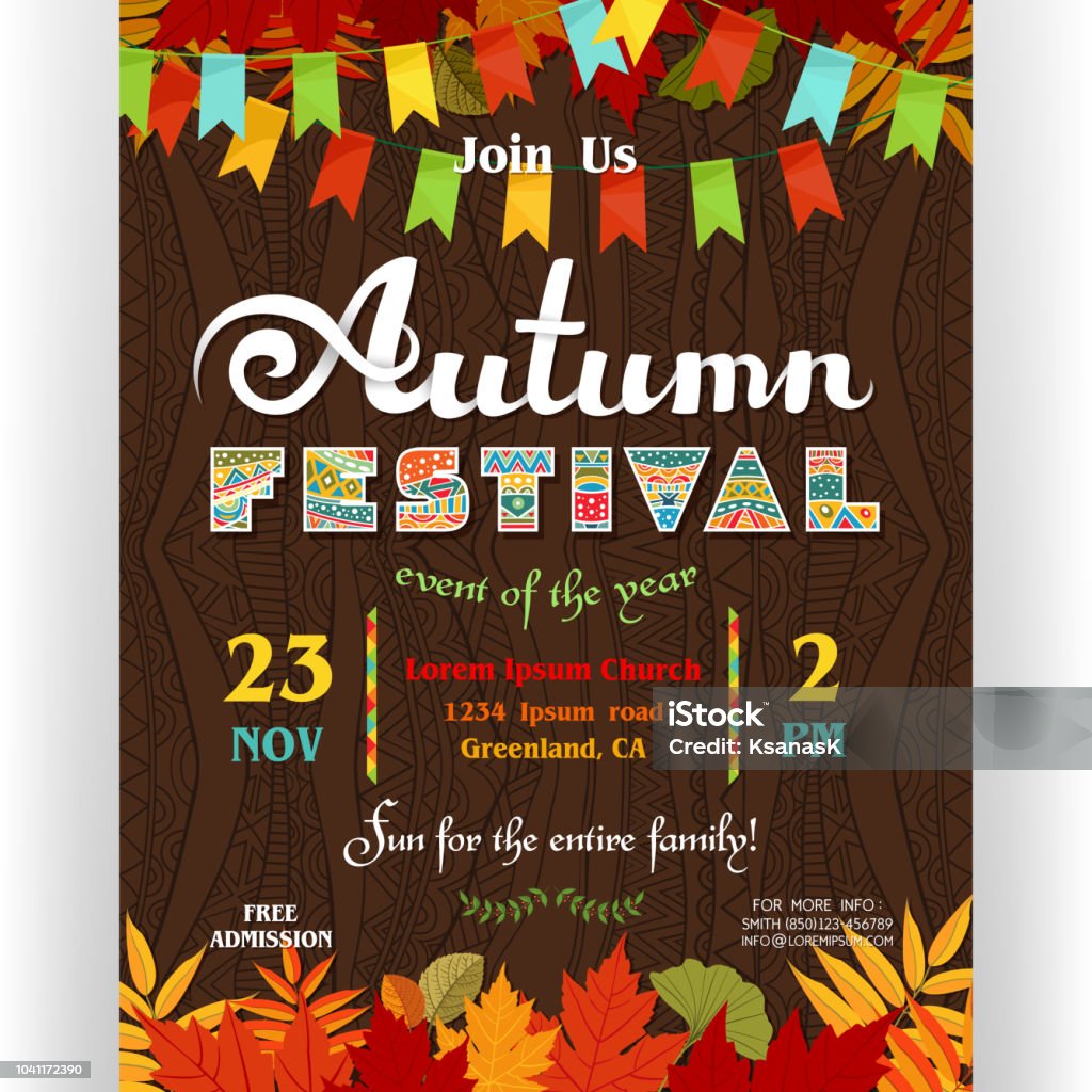 Autumn festival poster template with customized text. Invitation for celebration. Ornate letters, colorful fall season leaves and flags. Vector illustration. Autumn stock vector