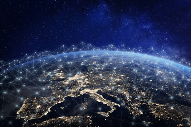 European telecommunication network connected over Europe, France, Germany, UK, Italy, concept about internet and global communication technology for finance, blockchain or IoT, elements from NASA European telecommunication network connected over Europe, France, Germany, UK, Italy, concept about internet and global communication technology for finance, blockchain or IoT, elements from NASA (https://eoimages.gsfc.nasa.gov/images/imagerecords/57000/57752/land_shallow_topo_2048.jpg) internet everywhere stock pictures, royalty-free photos & images