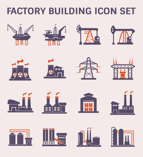 kolor ikony fabrycznej - computer icon symbol oil industry power station stock illustrations