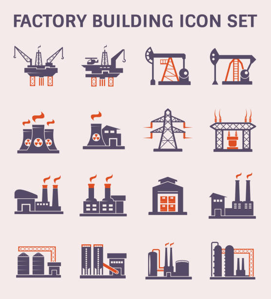 factory icon color Factory building and industry plant icon. oil industry stock illustrations