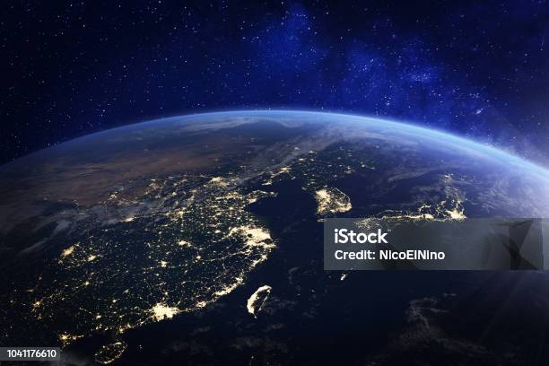 Asia At Night From Space With City Lights Showing Human Activity In China Japan South Korea Hong Kong Taiwan And Other Countries 3d Rendering Of Planet Earth Elements From Nasa Stock Photo - Download Image Now