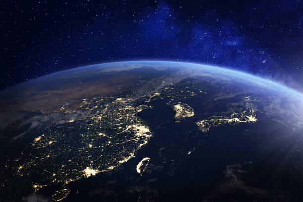 asia at night from space with city lights showing human activity in china, japan, south korea, hong kong, taiwan and other countries, 3d rendering of planet earth, elements from nasa - hong kong china city night imagens e fotografias de stock