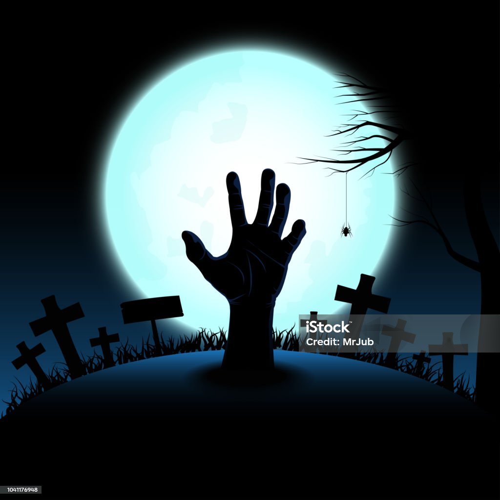 Halloween concept with zombie hand rising out from the ground in full moon night background, Vector illustration Zombie stock vector