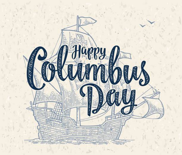 Sailing ship floating on the sea waves. Caravel Santa Maria. Sailing ship floating on the sea waves. Caravel Santa Maria. Happy Columbus Day calligraphic handwriting lettering. Hand drawn design element. Vintage color vector engraving on craft paper texture columbus day stock illustrations