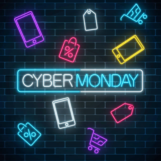 Glowing neon sign of cyber monday sale in rectangle frame with shopping symbols. Seasonal sale web banner. Cyber monday Glowing neon sign of cyber monday sale in rectangle frame with shopping symbols on dark brick wall background. Seasonal sale web banner. Vector illustration. Cyber monday light signboard. monday night stock illustrations