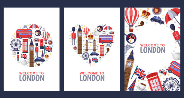 illustrazioni stock, clip art, cartoni animati e icone di tendenza di benvenuti a londra biglietti di auguri souvenir, stampa o modello di design poster. viaggia in gran bretagna illustrazione piatta. - big ben london england uk british culture