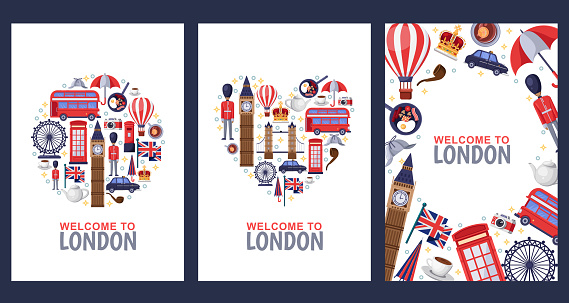 Welcome to London greeting souvenir cards, print or poster design template. Travel to Great Britain flat illustration. Circle, heart shapes and frame background set.