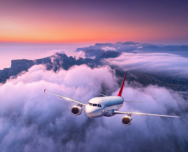 istock Passenger airplane flying over clouds at sunset. Landscape with big white airplane, low clouds, sea, purple sky at dusk. Aircraft is landing. Business trip. Commercial plane. Travel. Aerial view 1041186838