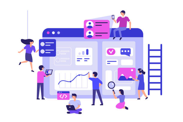 team People team work together in web industry. Can use for web banner, infographics, hero images. Flat vector illustration isolated on white background. computer programming desk stock illustrations