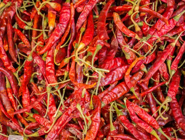 Red dry chilies background located in fresh food of department-store