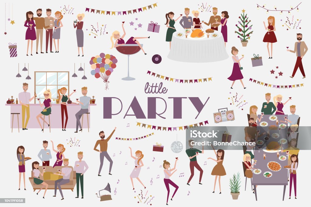 Conjunto de personas celebrando, divertidos dibujos animados de estilo los iconos colección con hombres y mujeres - arte vectorial de Fiesta libre de derechos