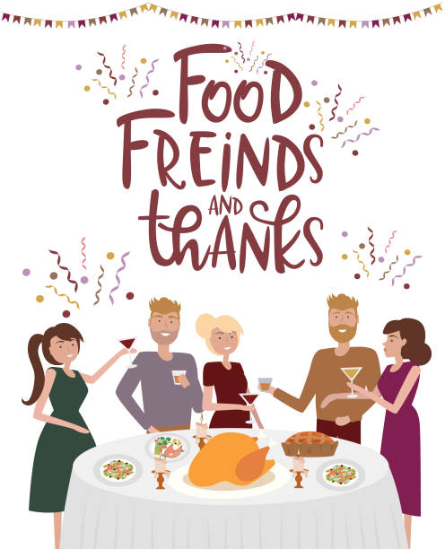 ilustrações de stock, clip art, desenhos animados e ícones de people stand at table laughing, eating food, drinking wine and talking to each other. family thanksgiving holiday dinner. - dinner friends christmas