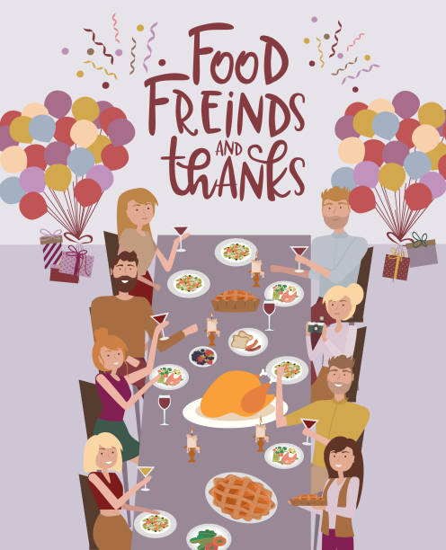 ilustrações de stock, clip art, desenhos animados e ícones de people sitting at table laughing, eating food, drinking wine and talking to each other. family thanksgiving holiday dinner - dinner friends christmas