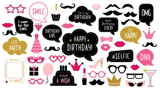 birthday photo booth props set Photo booth props set for birthday party. Happy birthday. Mustache, funny phrases, glasses, lips, crown, cake for anniversary. Bubble speech. Photobooth elements. selfie borders stock illustrations