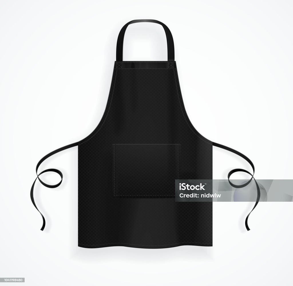 Realistic Detailed 3d Black Blank Kitchen Apron Template Mockup. Vector Realistic Detailed 3d Black Blank Kitchen Apron Template Empty Mockup Accessory for Protection. Vector illustration of Clothing Uniform Chef Apron stock vector