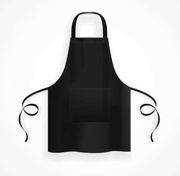 Realistic Detailed 3d Black Blank Kitchen Apron Template Mockup. Vector Realistic Detailed 3d Black Blank Kitchen Apron Template Empty Mockup Accessory for Protection. Vector illustration of Clothing Uniform Chef butcher illustrations stock illustrations