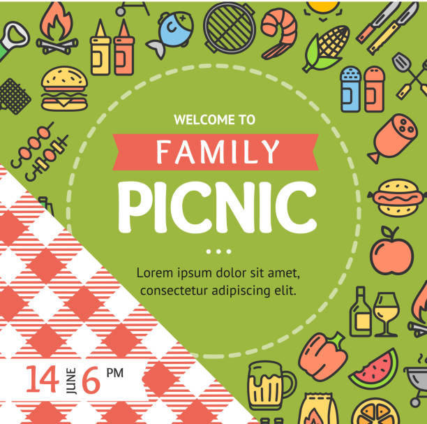picknick plakat banner einladungskarte mit schmalen grat-symbol. vektor - picknick stock-grafiken, -clipart, -cartoons und -symbole