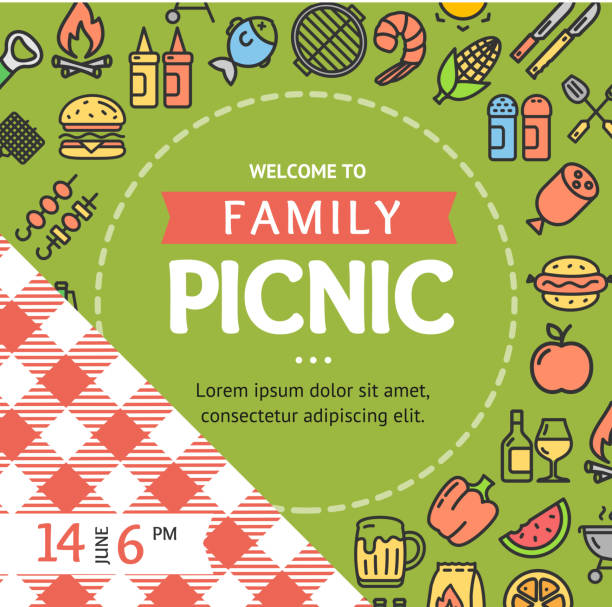 Picnic Invitation Placard Banner Card with Thin Line Icon. Vector Picnic Invitation Placard Banner Card with Thin Line Icon Round Design Template Frame or Border for Text. Vector illustration picnic stock illustrations