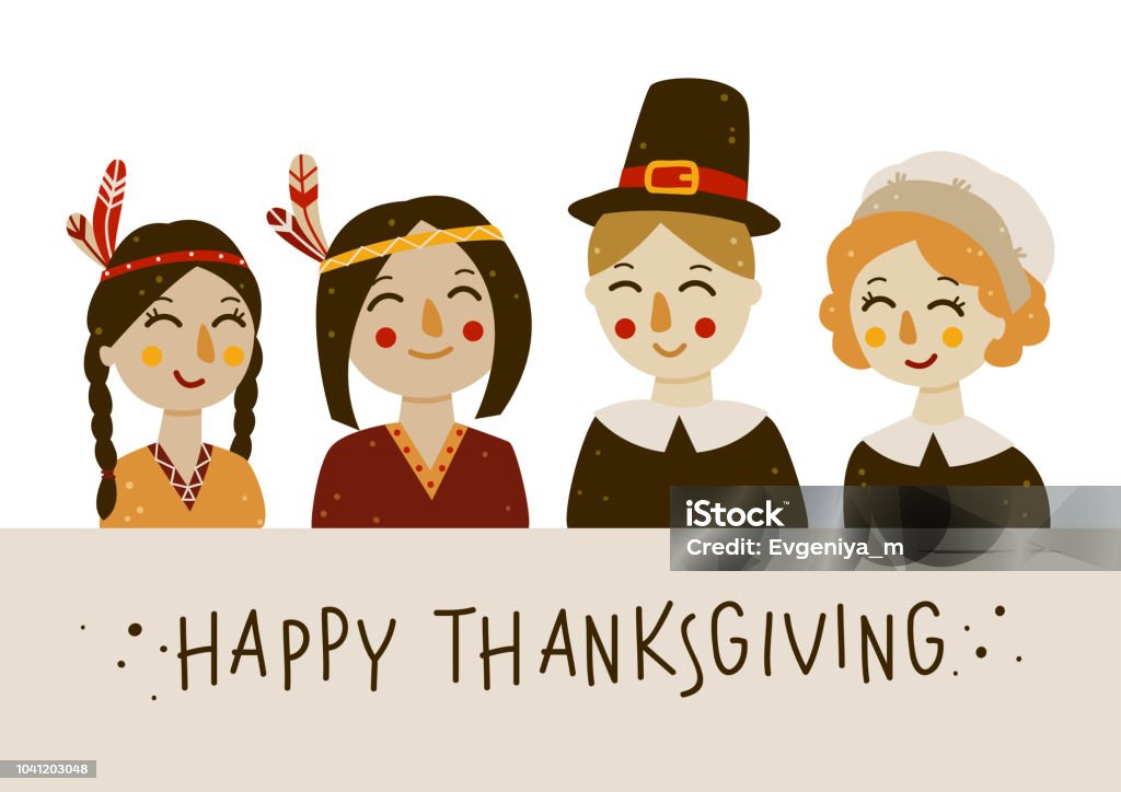 Thanksgiving greeting card with Indians and pilgrims at the table Pilgrim stock vector