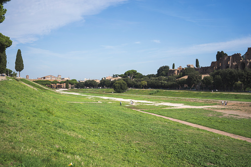 View of Circus Maximus in Rome with Palatine hill in background on the right side