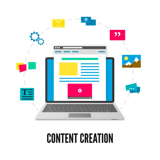 Content creation concept. Laptop with website on screen and elements of development. Social media and blogging. Vector illustration isolated on white background Content creation concept. Laptop with website on screen and elements of development. Social media and blogging. Vector illustration isolated on white background relaxed stock illustrations