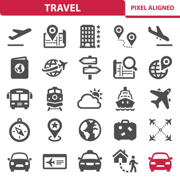 illustrazioni stock, clip art, cartoni animati e icone di tendenza di icone di viaggio - cruise ship interface icons vector symbol