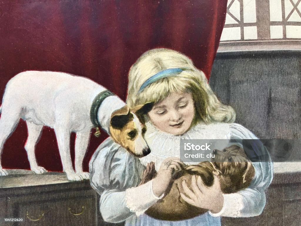 Girl with two dogs Illustration from 19th century Antique stock illustration