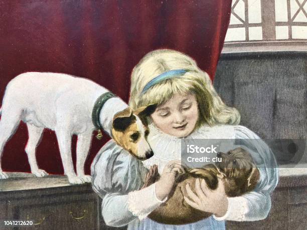 Girl With Two Dogs Stock Illustration - Download Image Now - Antique, Baby - Human Age, Dog