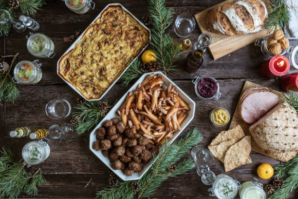 christmas sausages and meatballs - swedish culture imagens e fotografias de stock