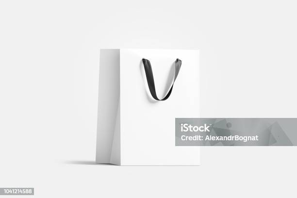 Blank White Paper Gift Bag With Black Silk Handle Mockup Stock Photo - Download Image Now