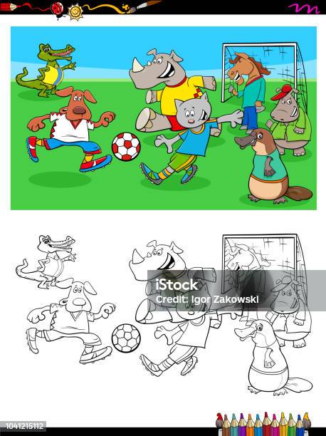 Animal Characters Playing Soccer Coloring Book Stock Illustration - Download Image Now - Activity, Animal, Black And White