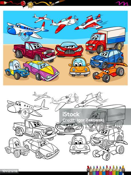 Transportation Vehicles Characters Coloring Book Stock Illustration - Download Image Now - Truck, Coloring Book Page - Illlustration Technique, Vector