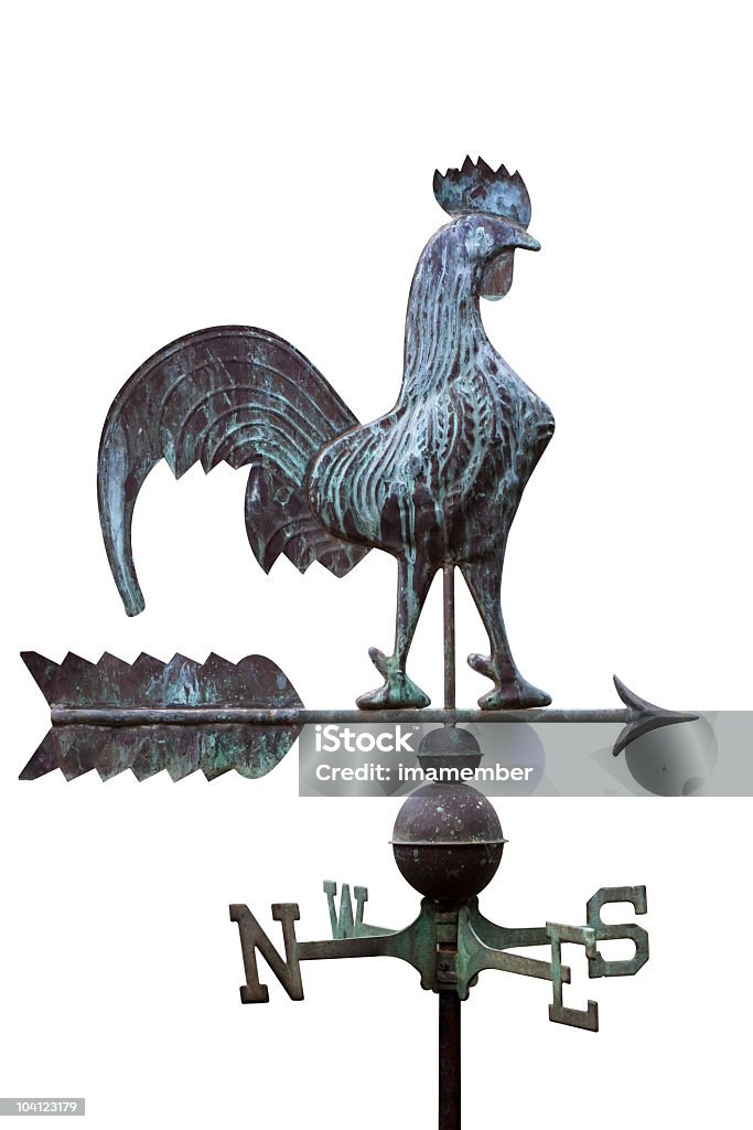 Copper Rooster weathervane isolated on white background Weathered copper rooster weathervane isolated on white background, full frame vertical composition with copy space and clipping path included Weather Vane Stock Photo