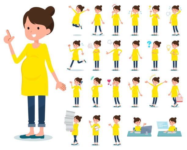flat type Pregnant women_emotion A set of Pregnant women with who express various emotions.There are actions related to workplaces and personal computers.It's vector art so it's easy to edit. parent guide stock illustrations