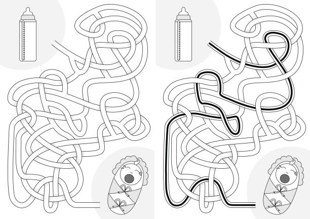 Hungry baby maze Hungry baby maze for kids with a solution in black and white black baby crying drawing stock illustrations
