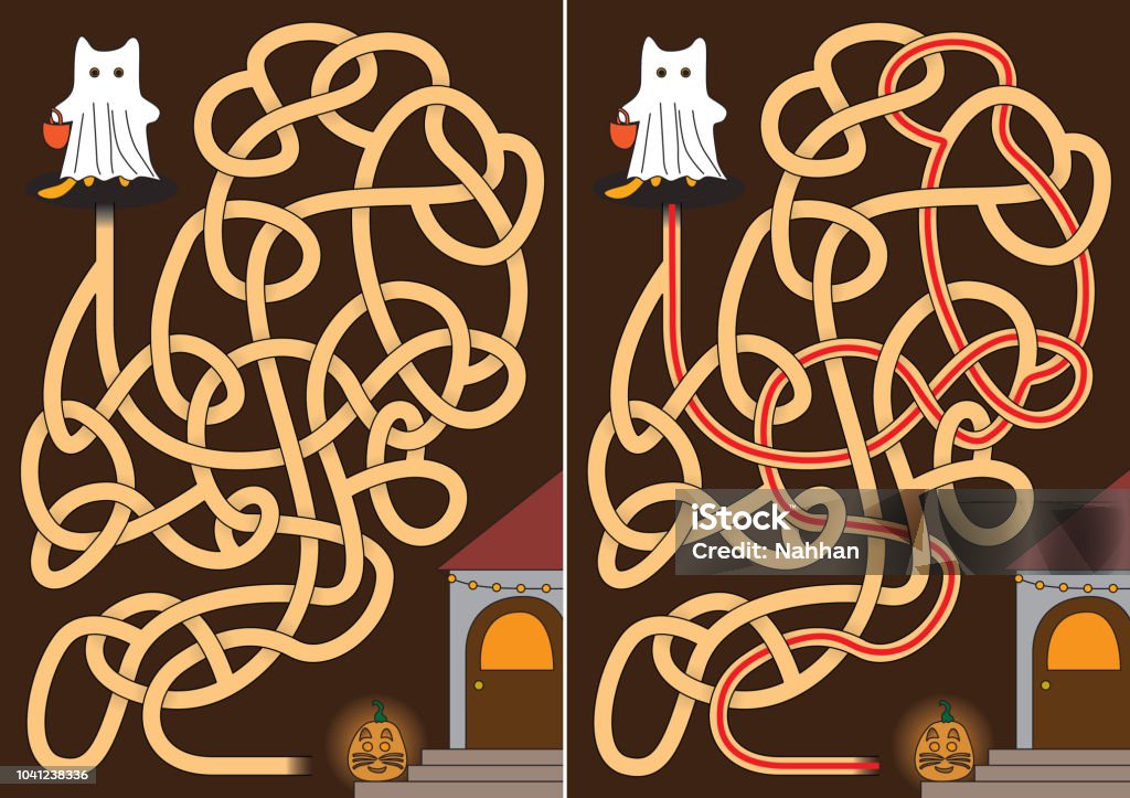 Little cat maze Little cat dressed as ghost - maze for kids with a solution in black and white Halloween stock vector