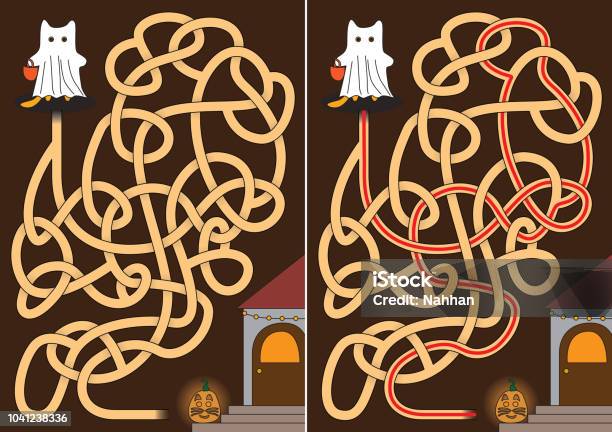 Little Cat Maze Stock Illustration - Download Image Now - Halloween, Maze, Solution