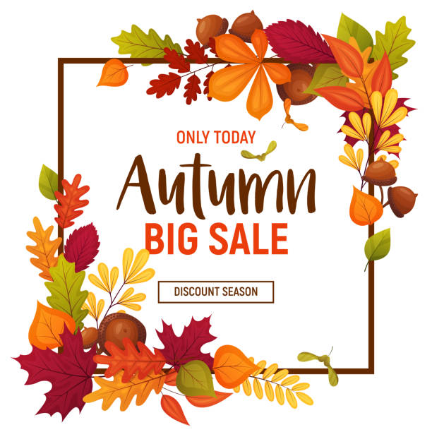 ilustraciones, imágenes clip art, dibujos animados e iconos de stock de cartel de venta otoño - autumn leaf falling wind
