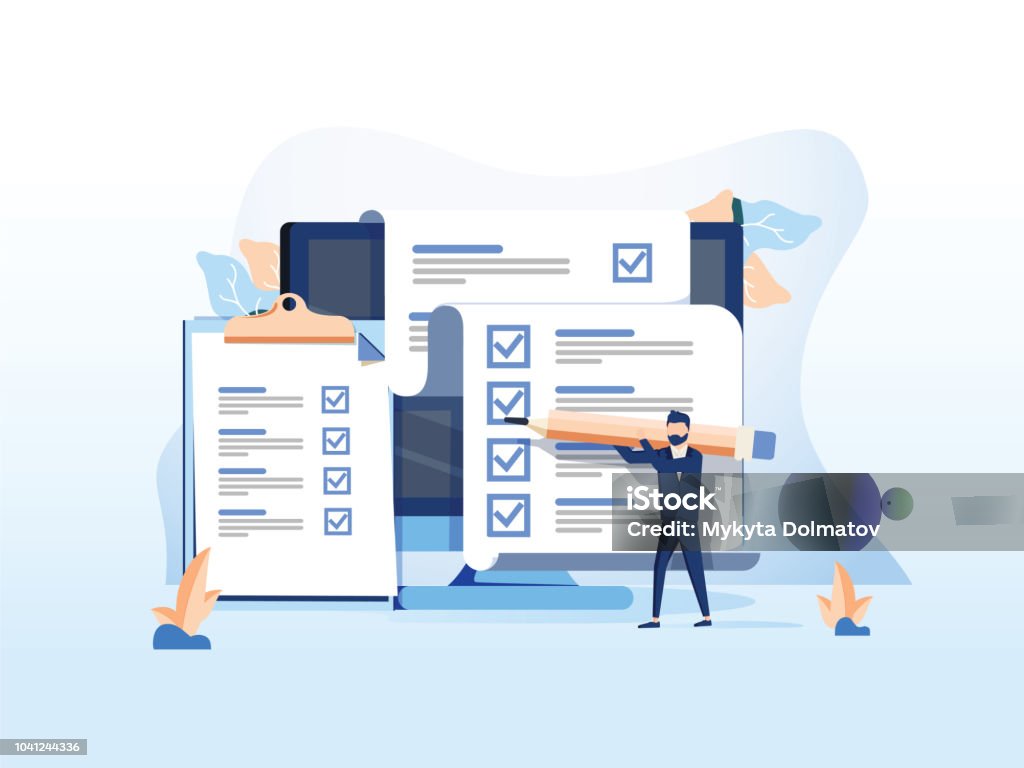 Isometric flat vector concept of online exam, questionnaire form, online education, survey, internet quiz. Isometric flat vector concept of online exam, questionnaire form, online education, survey, internet quiz. Survey or exam form long paper sheet with answered quiz checklist and success result Document stock vector