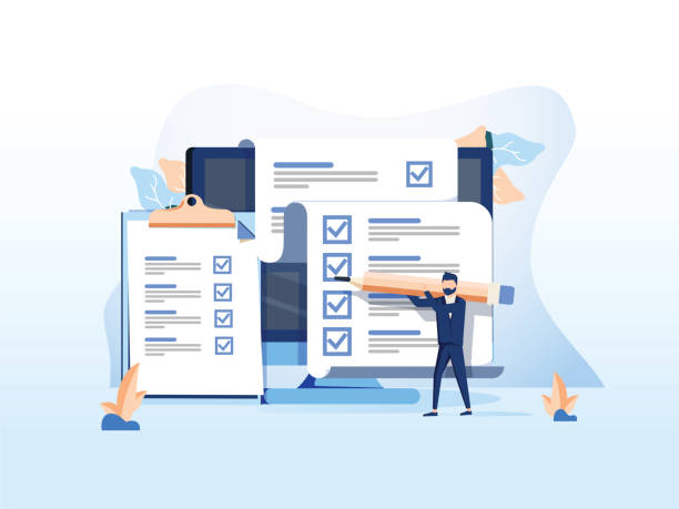 Isometric flat vector concept of online exam, questionnaire form, online education, survey, internet quiz. Isometric flat vector concept of online exam, questionnaire form, online education, survey, internet quiz. Survey or exam form long paper sheet with answered quiz checklist and success result exam paper stock illustrations