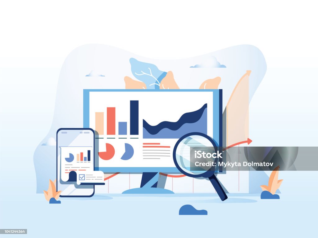 SEO Berichtsdaten, Überwachung, Web Analytics, große Verkehr Daten flache Vektor-Illustration auf blauem Hintergrund. - Lizenzfrei Analysieren Vektorgrafik