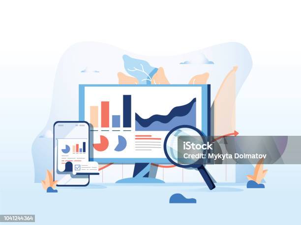 Seo Reporting Data Monitoring Web Traffic Analytics Big Data Flat Vector Illustration On Blue Background Stock Illustration - Download Image Now
