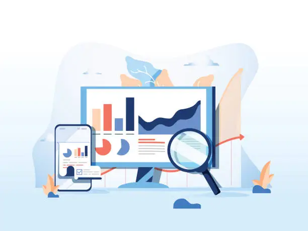Vector illustration of SEO reporting, data monitoring, web traffic analytics, Big data flat vector illustration on blue background.