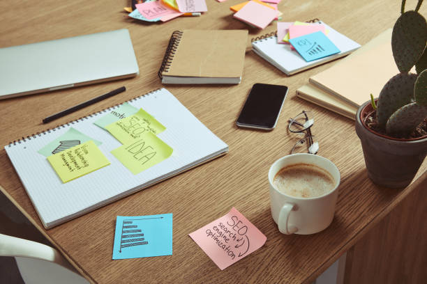 istock note papers with business strategy, cup of coffee and smartphone with blank screen on table 1041260658