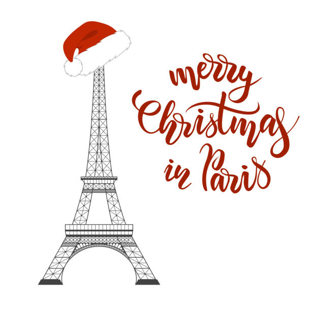 Merry Christmas Lettering Merry Christmas in Paris lettering and Eiffel Tower with a red Santa hat on white background. Vector illustration eiffel tower winter stock illustrations