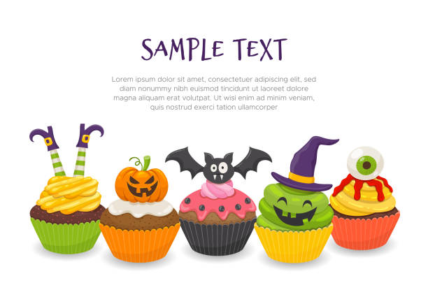 Cute halloween cupcakes background Cute halloween background illustration. Cupcake set, isolated on white background. Vector illustration. halloween cupcake stock illustrations